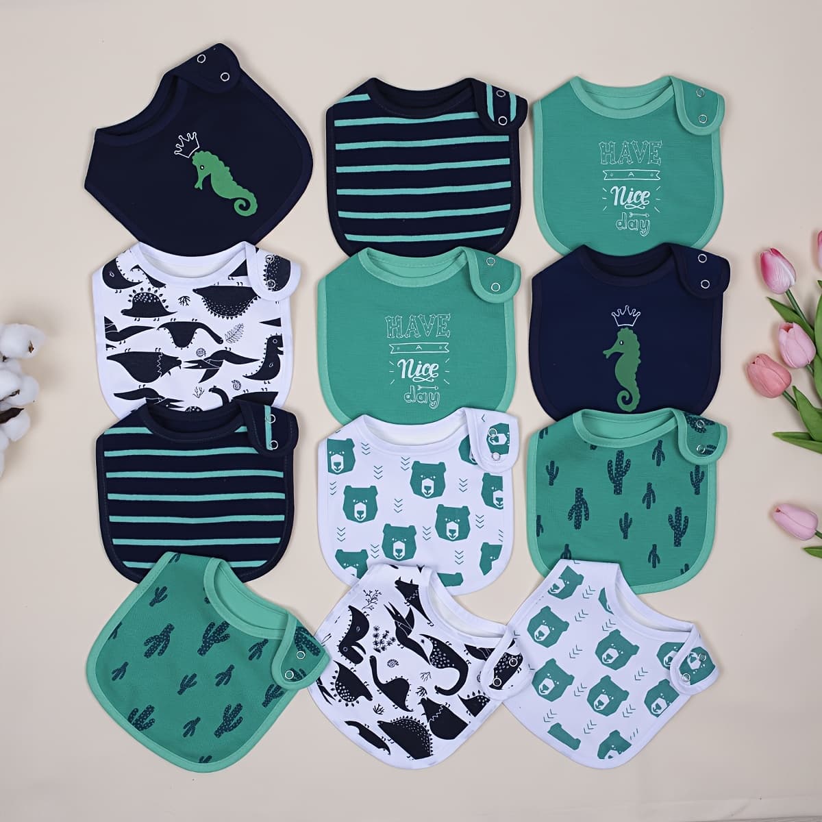 TEMU Set Of 12 Bibs Suitable For Infants, Designed For Boys And Girls. Made From Absorbent And Featuring Adjustable Snaps, Perfect For Feeding, Teething, And
