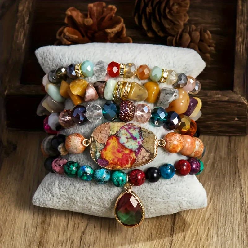 TEMU 5pcs Natural Stone Beads Pendant Beaded Bracelet Set - Vintage Boho Style Stackable Hand-stringed Jewelry With Colorful And Green Accents - Perfect For Bohemian , Christmas And Thanksgiving Gifts