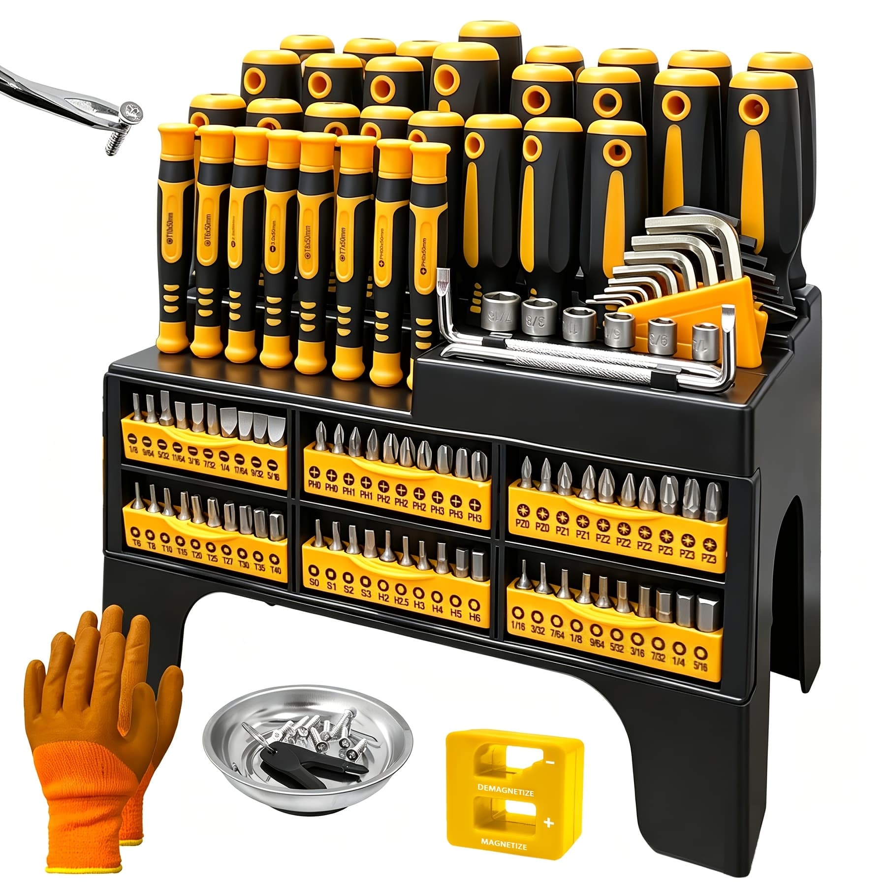 TEMU 121pcs/53pcs Magnetic Screwdriver Set, Chrome Vanadium Steel, , Hex Wrench, Flat & Hex Head, Non-slip Handles, With Storage Rack & Magnetic Bowl, Gloves, Nail Puller, Screw, Diy Tools For Gift
