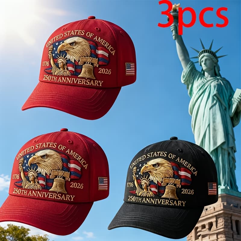 TEMU 3 Baseball Caps, 250 Year American Commemorative With Bald Eagle And 50 Star Stripes, Statue Of And 1776-2026 Dates, Ideal Gift For Police And , Unisex