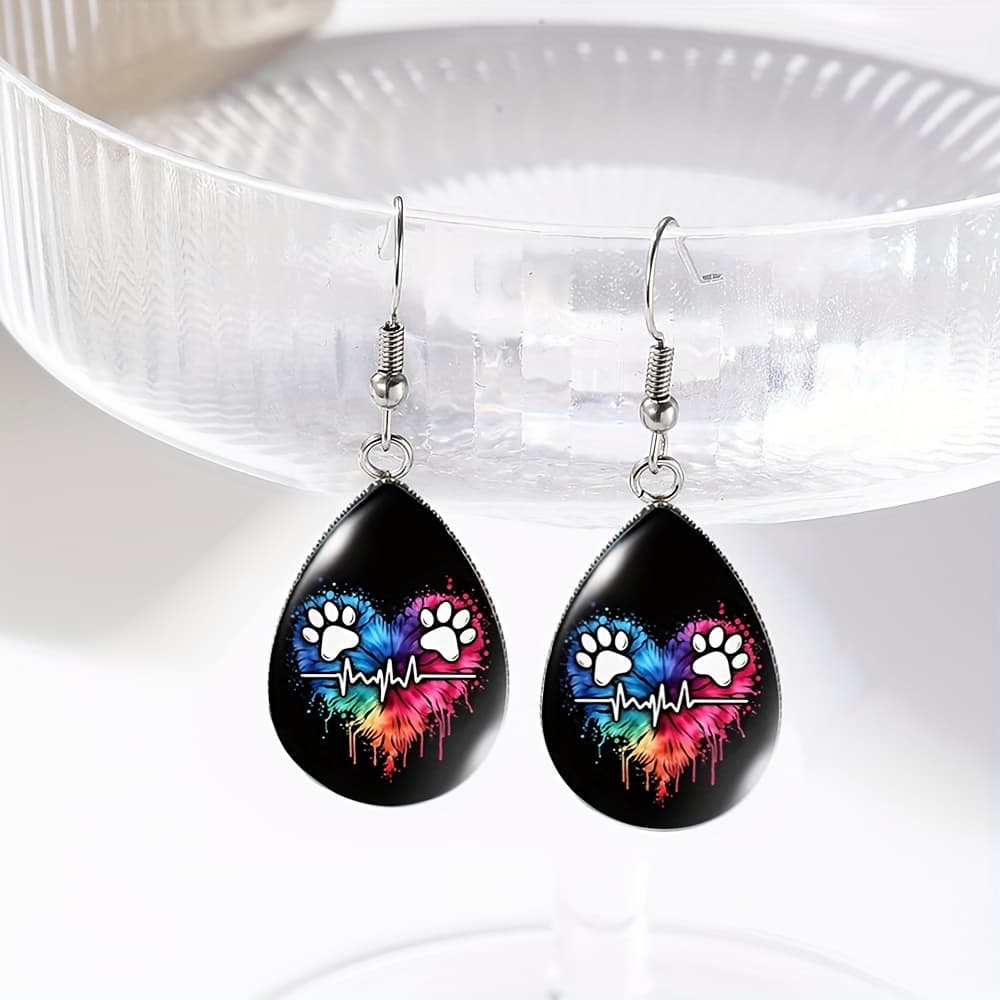 TEMU A Pair Of Handmade Glass Earrings In Of Cat Paws With A Heart Rate And Water , Featuring A Minimalist Style