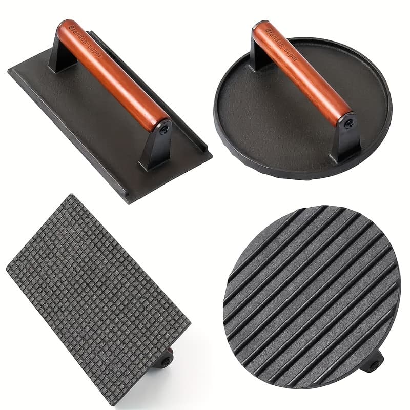 TEMU : 2 Cast Iron Meat Presses (2 Shapes) For Versatile Cooking Press (round X Rectangle) - Heavy Duty & With Ergonomic Wooden Handle For Bbq/kitchen
