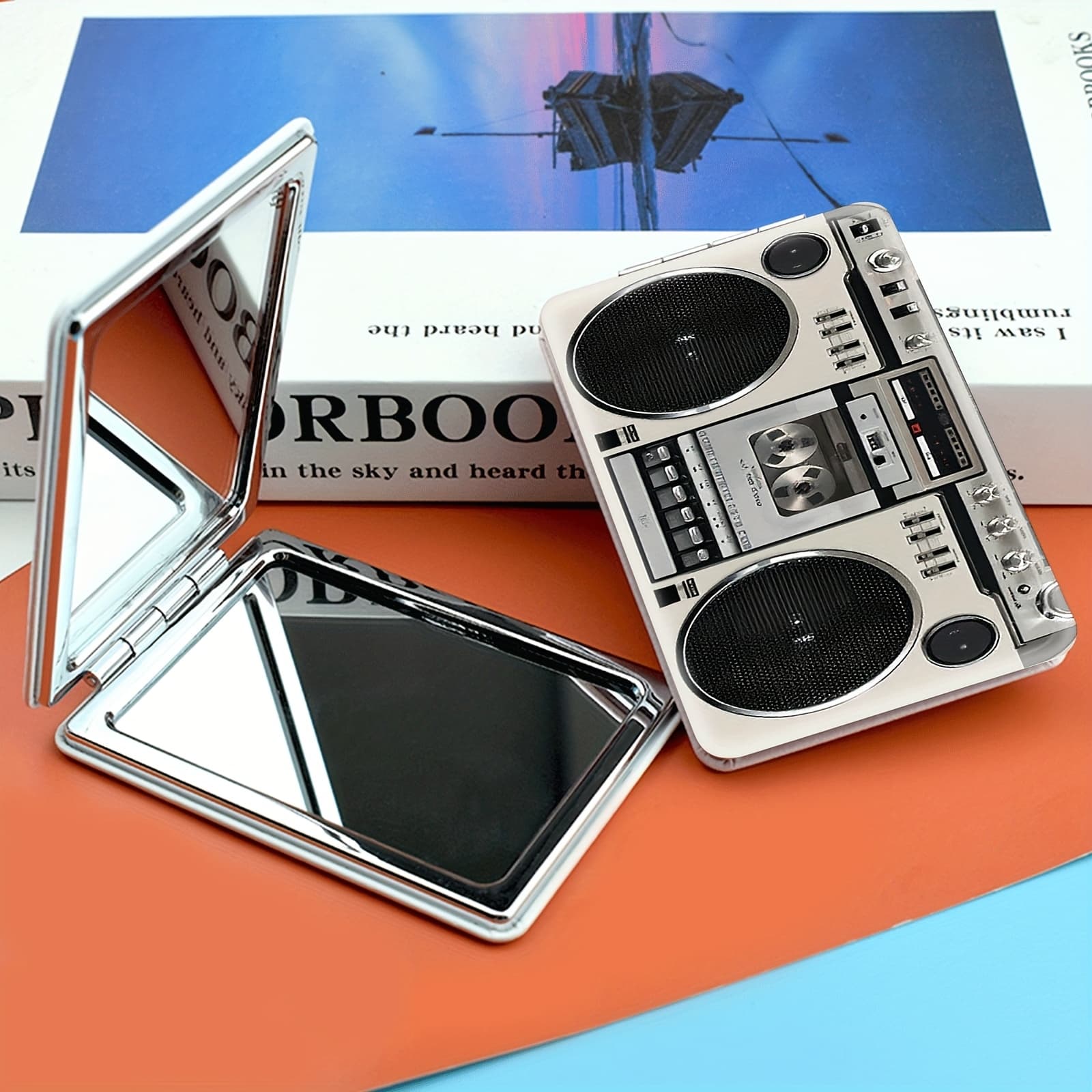 TEMU A Portable Makeup Mirror - Double-sided, Foldable, Handheld Design, Showcasing Retro Dual Cassette Tape Recorder . This Nostalgic Audio-visual Device , Making It A Perfect Gift For Women, Sisters