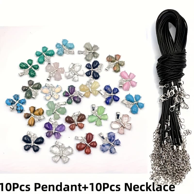 TEMU 20pcs Natural Stone Stone Pendant Necklace Set- 10pcs Beautiful Crystal Charm With 10pcs Chain Necklace Jewelry Making - For Women - Suitable For Holiday Gifts & Home Decoration