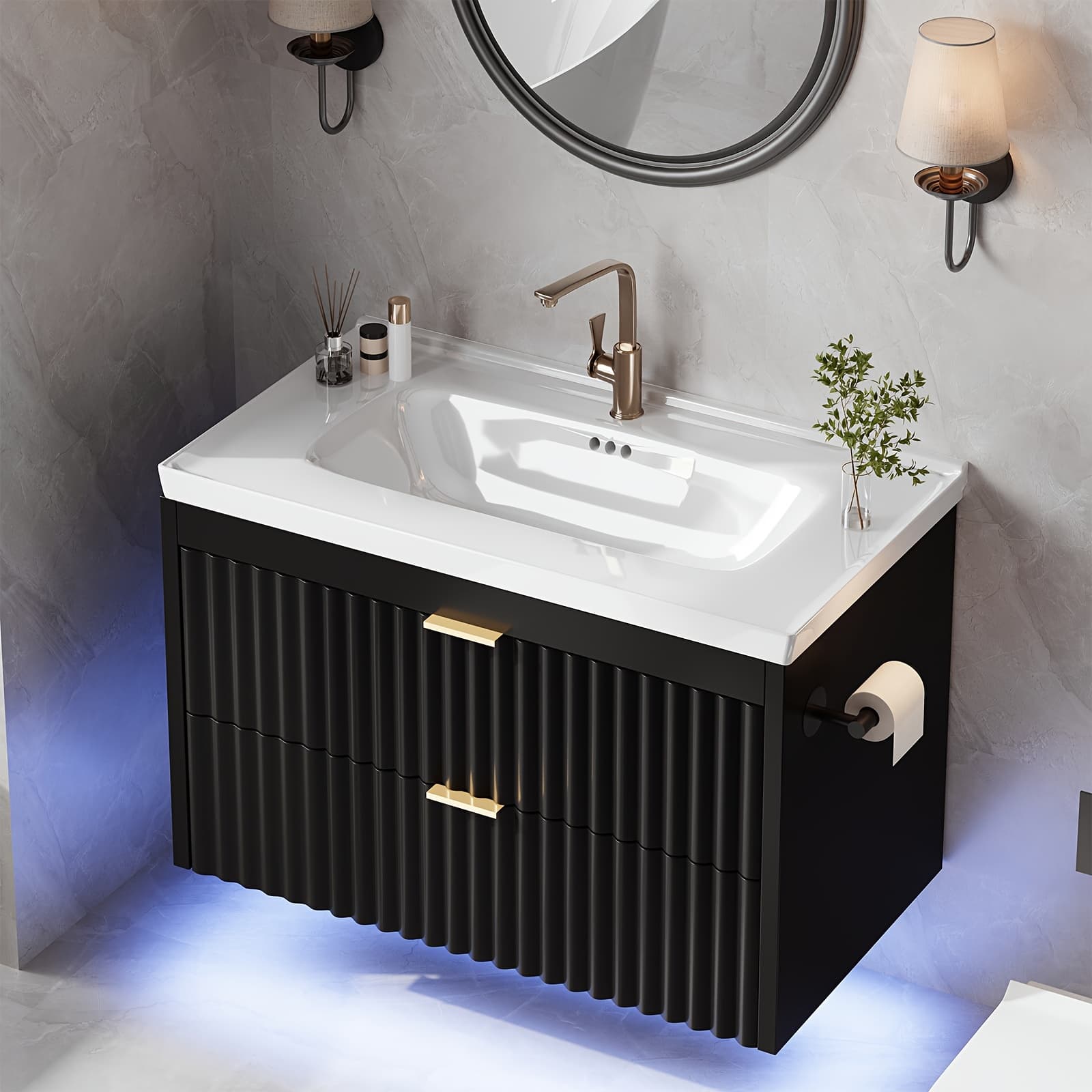 TEMU 24" 2pcs/1pc Bathroom Vanity With Sink, 24" Floating Bathroom Vanity With Led, 24" With 3-hole Ceramic Vanity Sink, Wave , 2pcs Drawers, Wall-mounted Cabinet For Small Spaces,