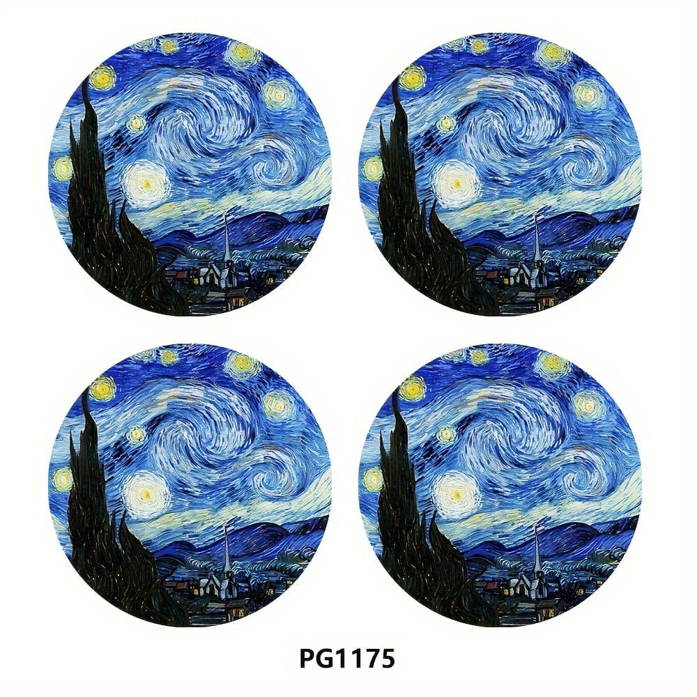 TEMU 4pcs Van Art Car Coaster, 2.75-inch Round Pu Leather Decorative Car Coaster, Home And Car Water Cup Mat - Beverage Mat, Men's And Women' Interior Accessories - Van Starry Sky Decorative Coaster