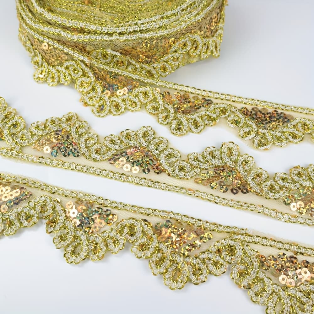 TEMU Golden Silvery Beaded Lace Trim Sequin Ribbon Sewing Lace For Crafts, Clothing Decoration