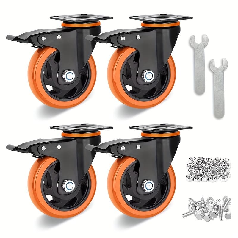 TEMU Set Of 4 Heavy-duty 4-inch Caster Wheels In Orange Polyurethane, Featuring Top Plate Swivel Design, Including Locking Brakes, Ideal For Furniture And Workbenches
