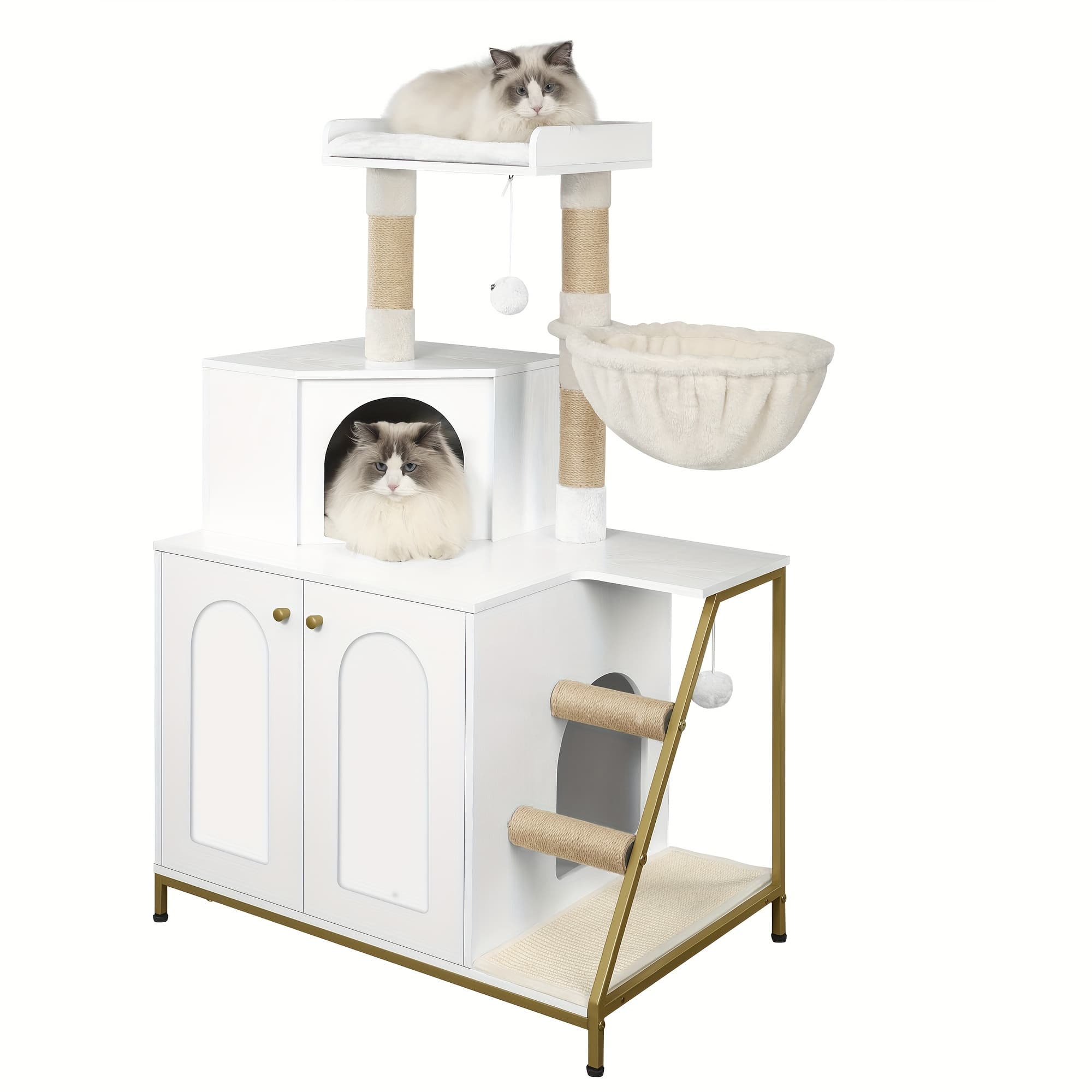 TEMU Cat Litter Box Enclosure With Cat Tree, Modern Cat House With Large Platform, Cat Condo With Sisal Scratching Mat, Posts, Stairs And Pompom, Washable Cushions, /white