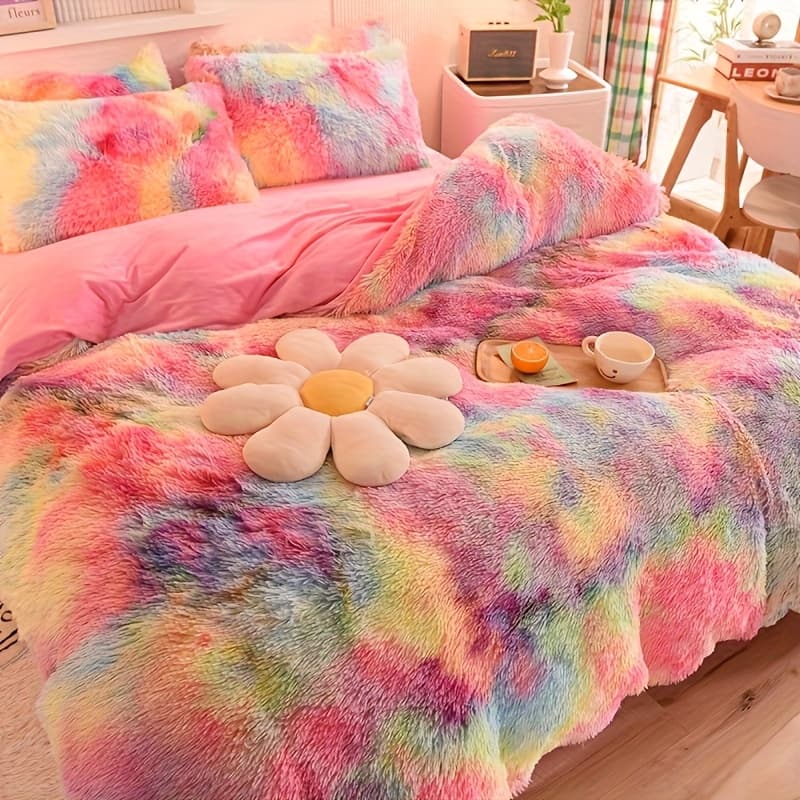 TEMU Luxury Plush Shaggy Duvet Cover Set Luxury Ultra Soft Bedding Sets 3pcs (1 Fur Duvet Cover +2 Fur Pillow Case), Zipper Closure (queen, Multi Rainbow)