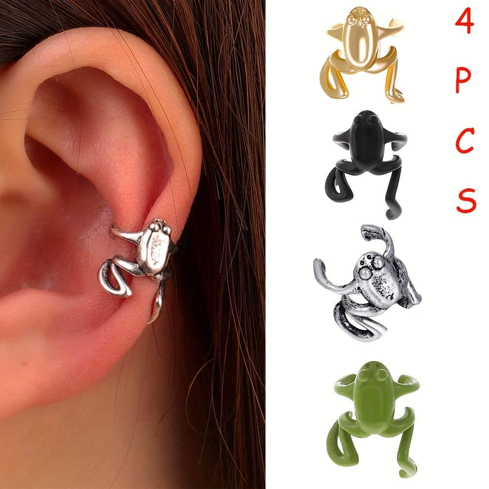 TEMU 4pcs Chic Retro Frog Ear Clip - No Piercing Needed, Cartoon Style , Copper Material, Punk Minimalist Animal Ear Accessory For Casual Attire