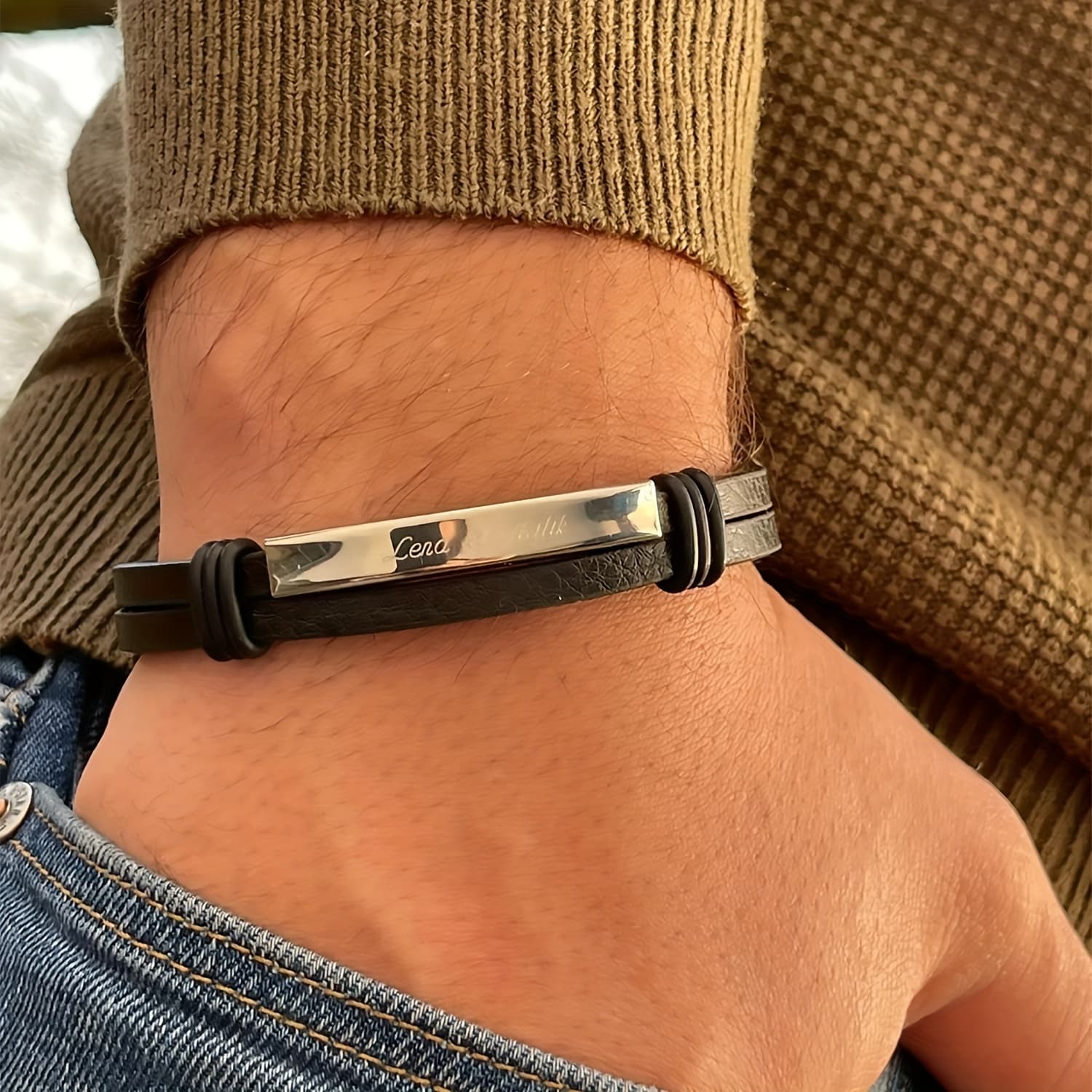 TEMU Personalized Engraved Men's Bracelet Made Of, Personalized Faux Leather Bracelet For Men, Gift Dad, Father's Day, 1pc