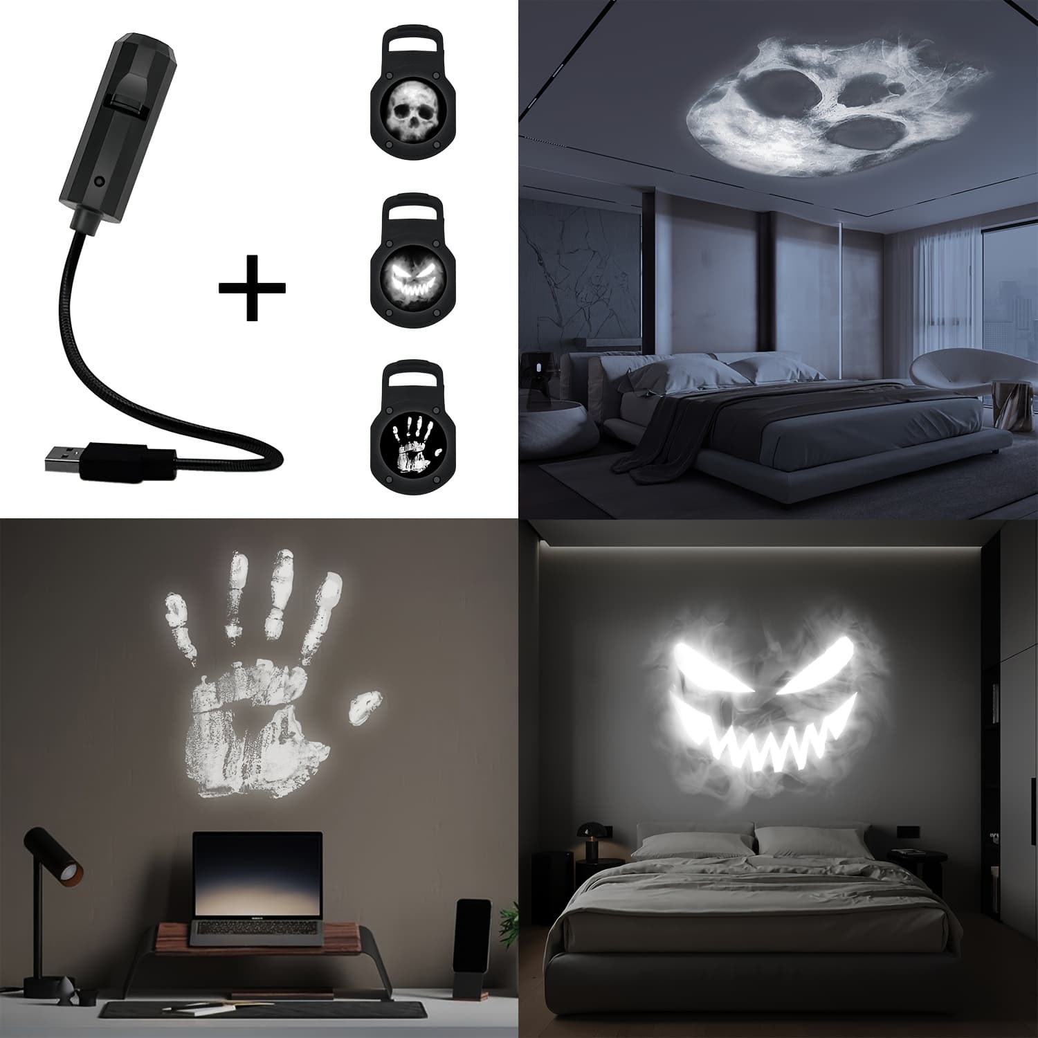 TEMU 360° Rotatable Led Night Light With Interchangeable Palm Prints & Faces - Usb-powered Halloween Decor For Bedroom, Living Room, Ceiling & Wall Ambiance, Halloween Decorations