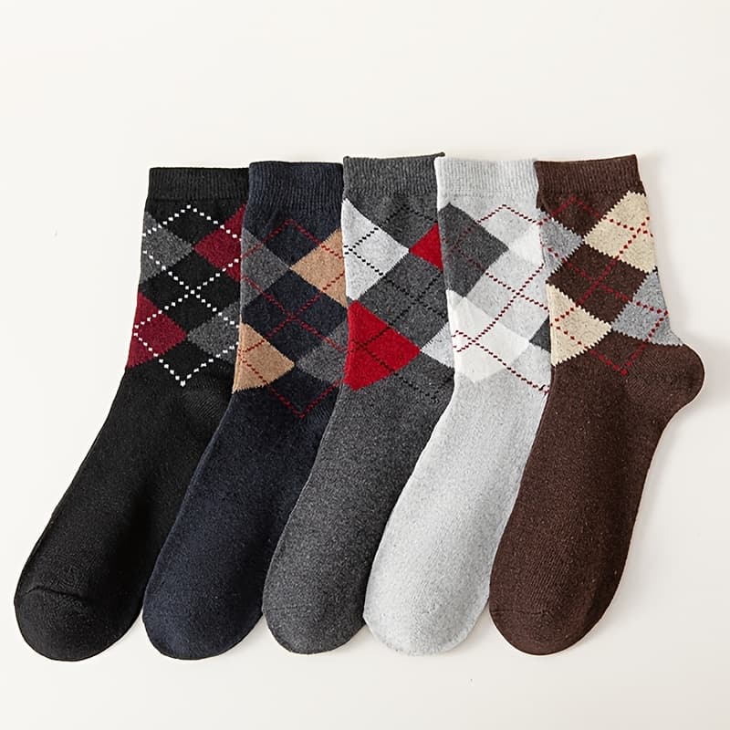 TEMU 5-pack Men's Rhombus Socks, Thick Warm Autumn/winter Mid-calf Socks, Versatile Socks