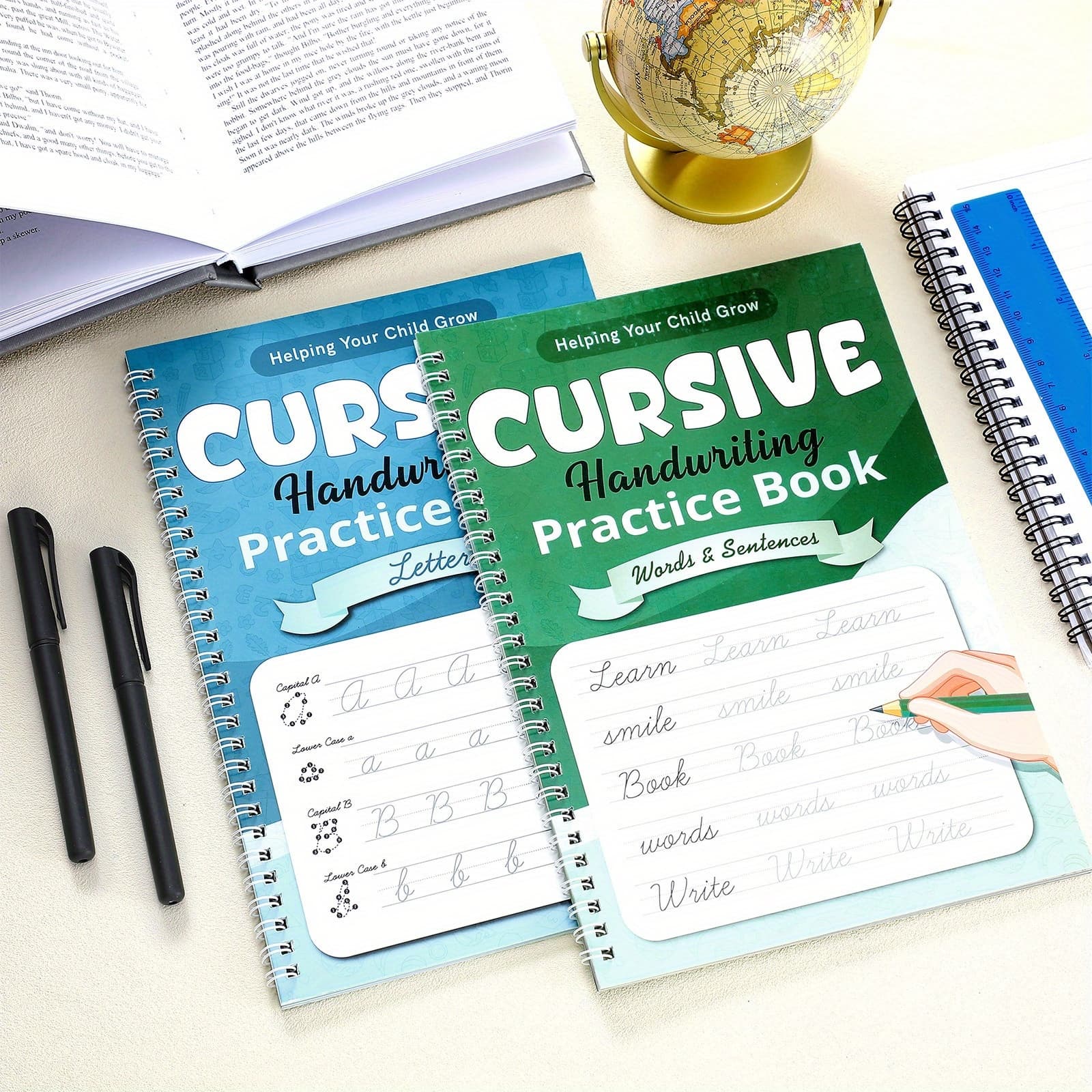 TEMU Set Of 2 Cursive Writing Workbooks Reusable Copybooks With Grooved Pages For Handwriting Practice, Includes Special Ink Pens For Educational Activities (green, Classic)