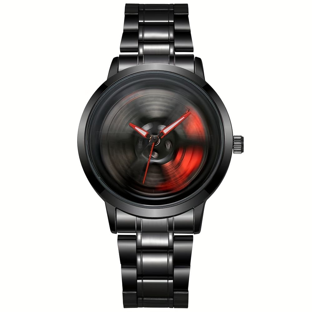 TEMU Fashion Rotating Wheels Men Watch Top Brand Funky Cool Race Steel Strap Quartz Watches For Man Gifts