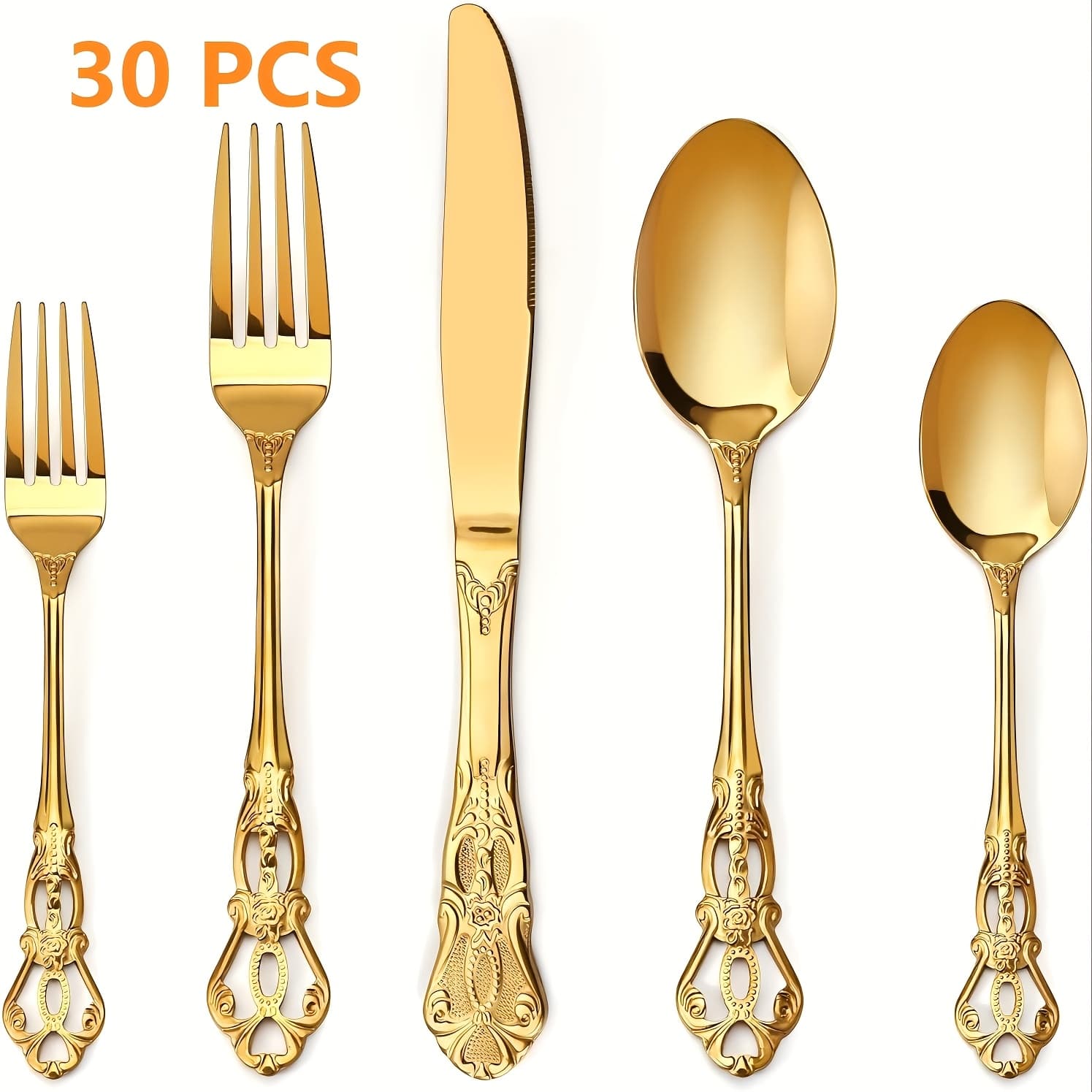 TEMU Golden Silverware Set, 30/48/60/84pcs Vintage Royal Silverware Set For 6, Rust Resistant Stainless Steel Flatware Set, Includes Forks Spoons And Knives, Dishwasher Safe