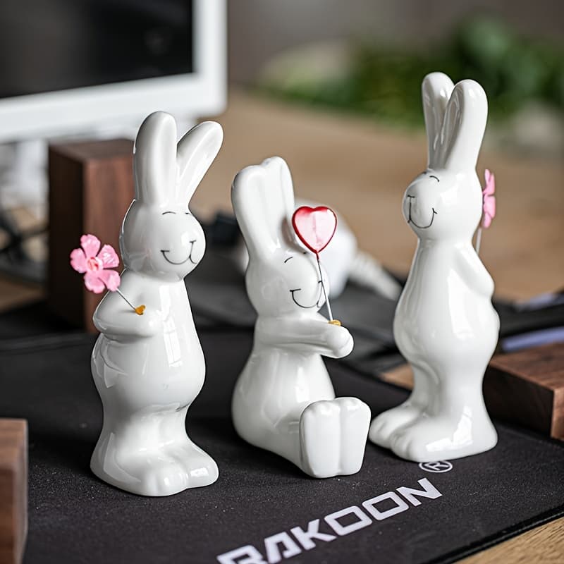 TEMU 3pcs White Rabbit Figurines, Creative Ceramic Home Decor, Bedroom Entrance Living Room Tv Cabinet Bar Cabinet Ornaments