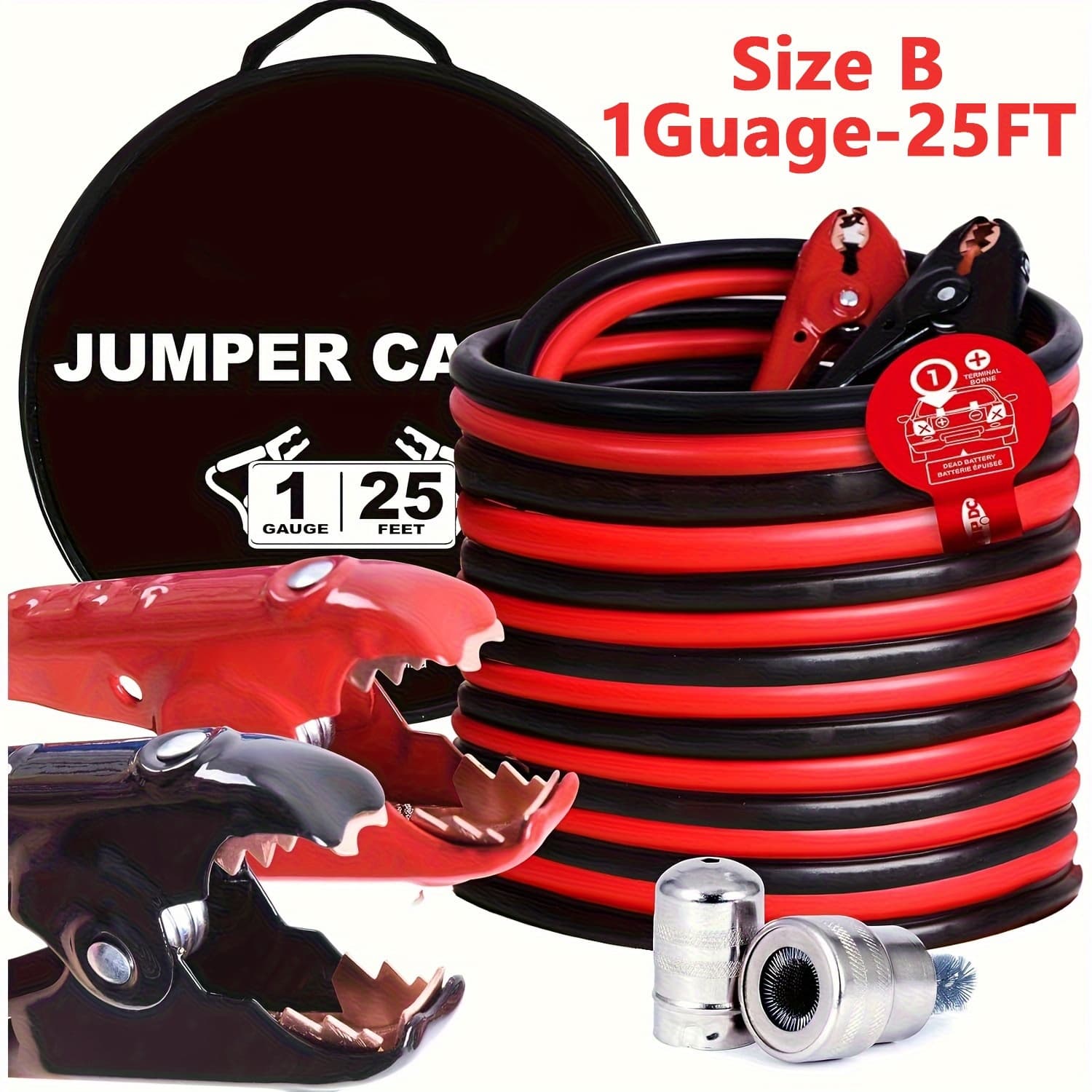 TEMU Jumper Cables, 1 Gauge 30 Feet (blue) Booster Cables, 1 Gauge 25 Feet (red), Heavy Duty Automotive Quick Cables For Car, Suv And Trucks With Carry Bag, Without Battery