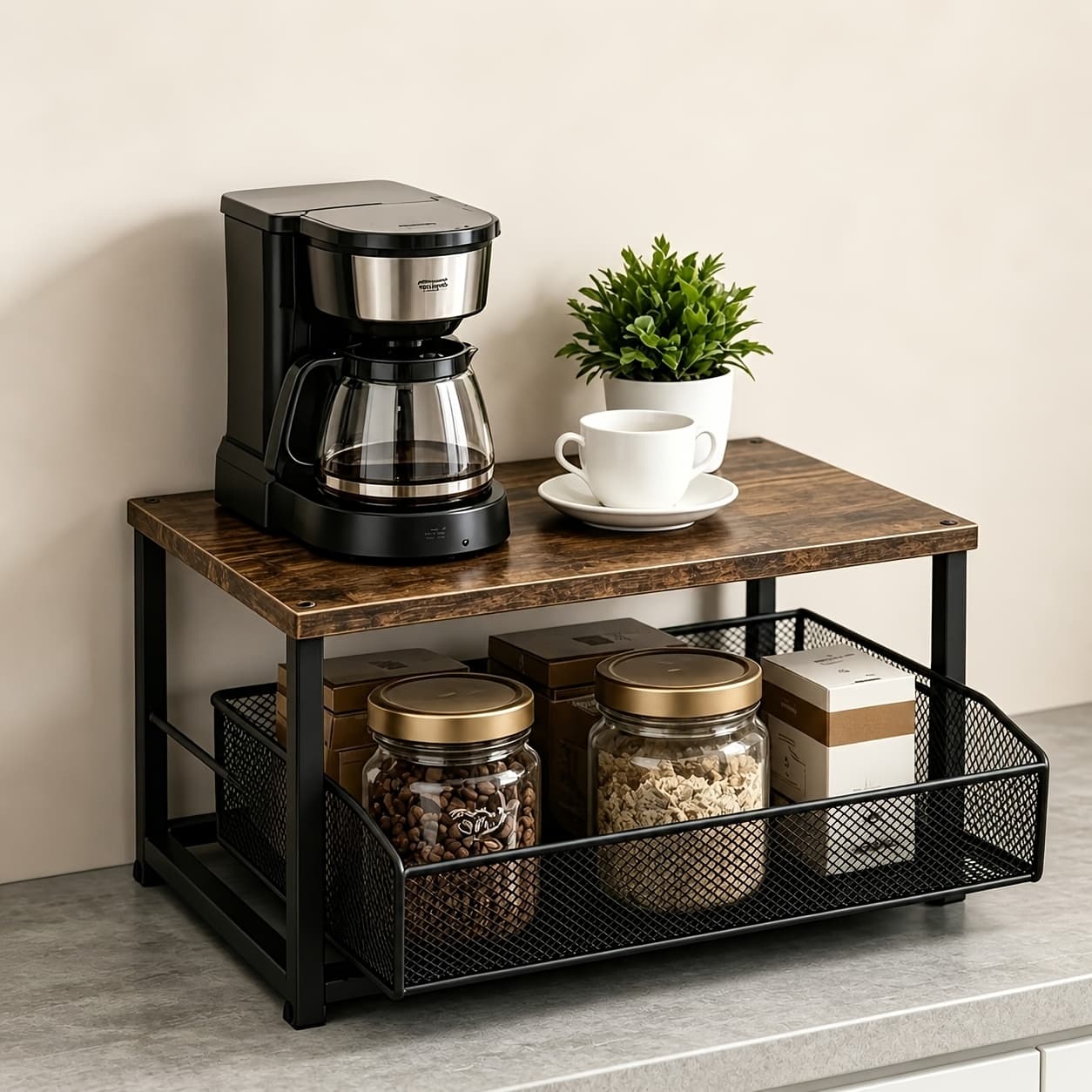 TEMU 2-tier Printer Stand With Storage Basket, Heavy Duty Metal & Wood Desktop Organizer, Space Saving Monitor Riser For Printer, Coffee Maker, Office & Home Use