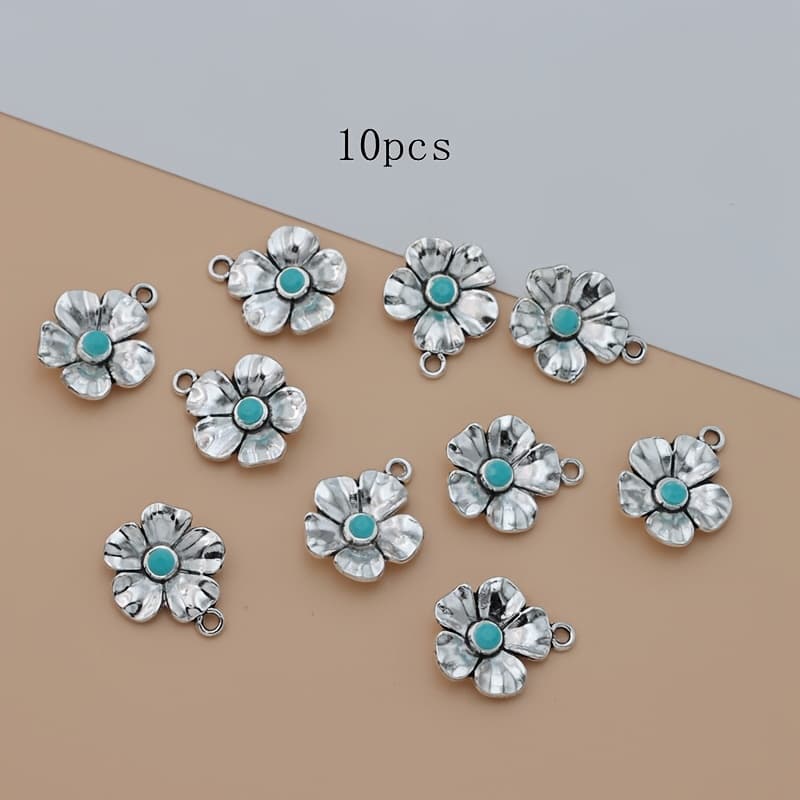 TEMU Set Of 10 Vintage-style Blue Flower Charms Made From Alloy, Perfect For Your Own Jewelry Such As Bracelets, Necklaces, And Earrings