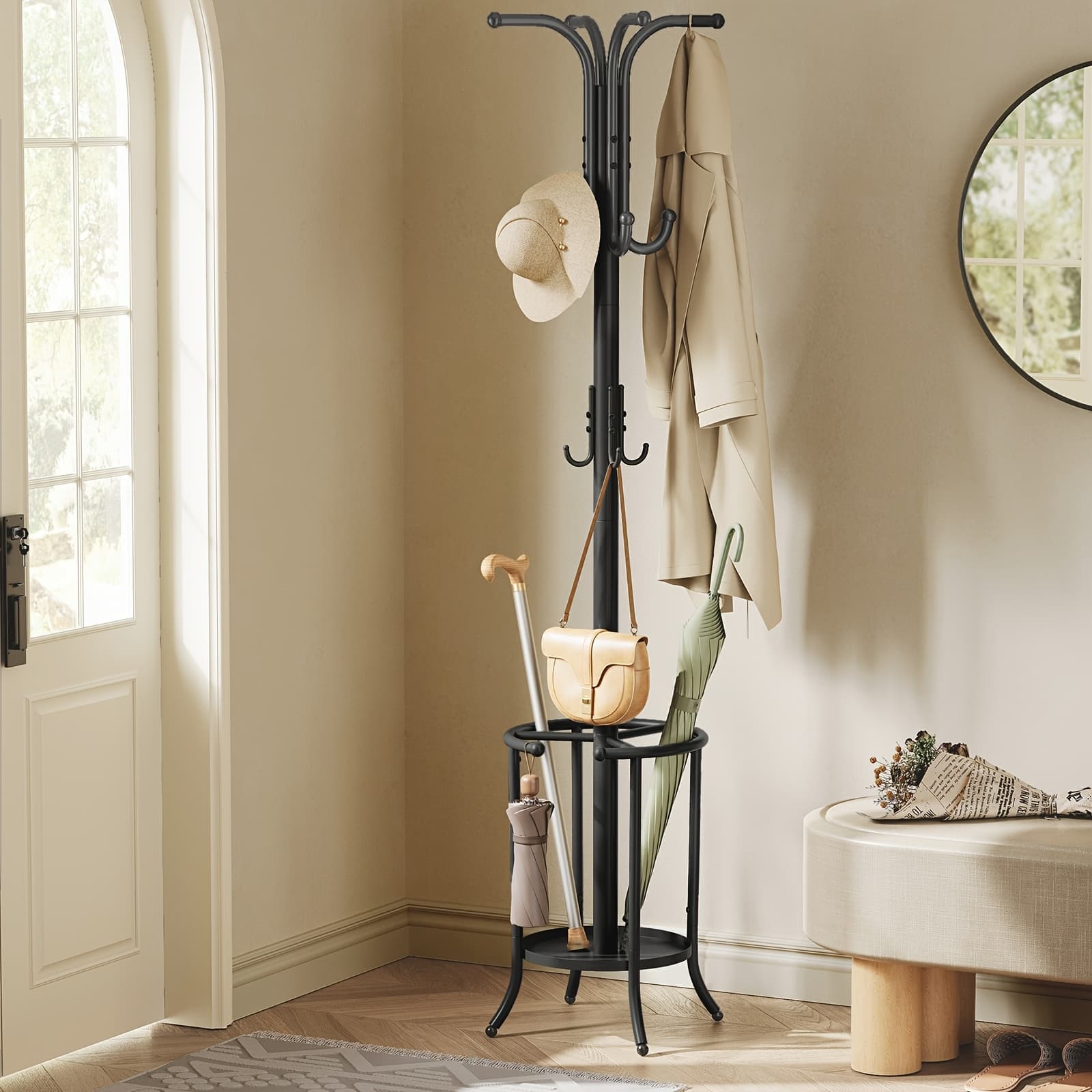 TEMU Coat Rack Freestanding, For Entryway, Coat Rack With Umbrella Holder, Metal Coat Rack Stand With 12 Hooks, Hallway, Living Room, Bedroom, Ink Black