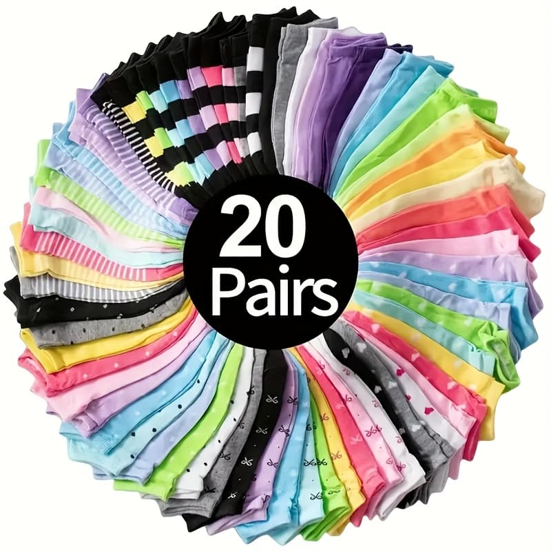 TEMU 20 Pairs Of Women's Candy Colored Random Pattern Heart-shaped Stripe Polka Dots Soft And Comfortable Casual Socks Short Socks , Sweat Absorbing And Breathable