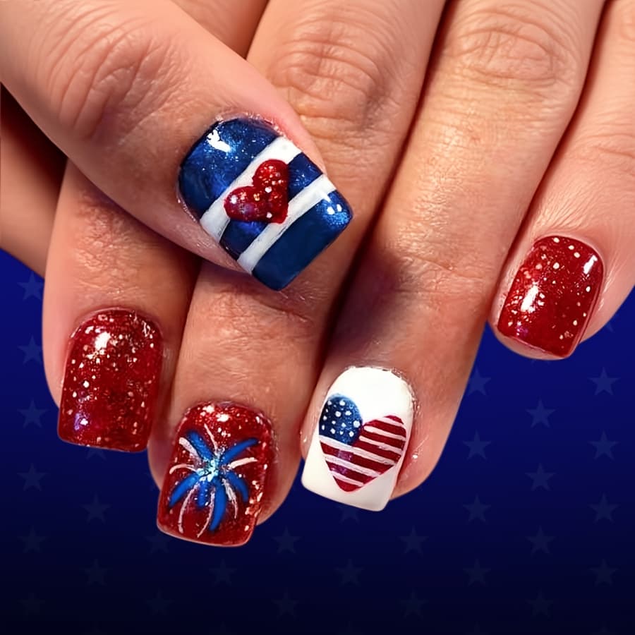 TEMU 24pcs Press On Nails Suitable For - Short Square Fake Nails With Glitter, Striped & Firework Heart Designs, Glossy For Day Parties, Spring Summer