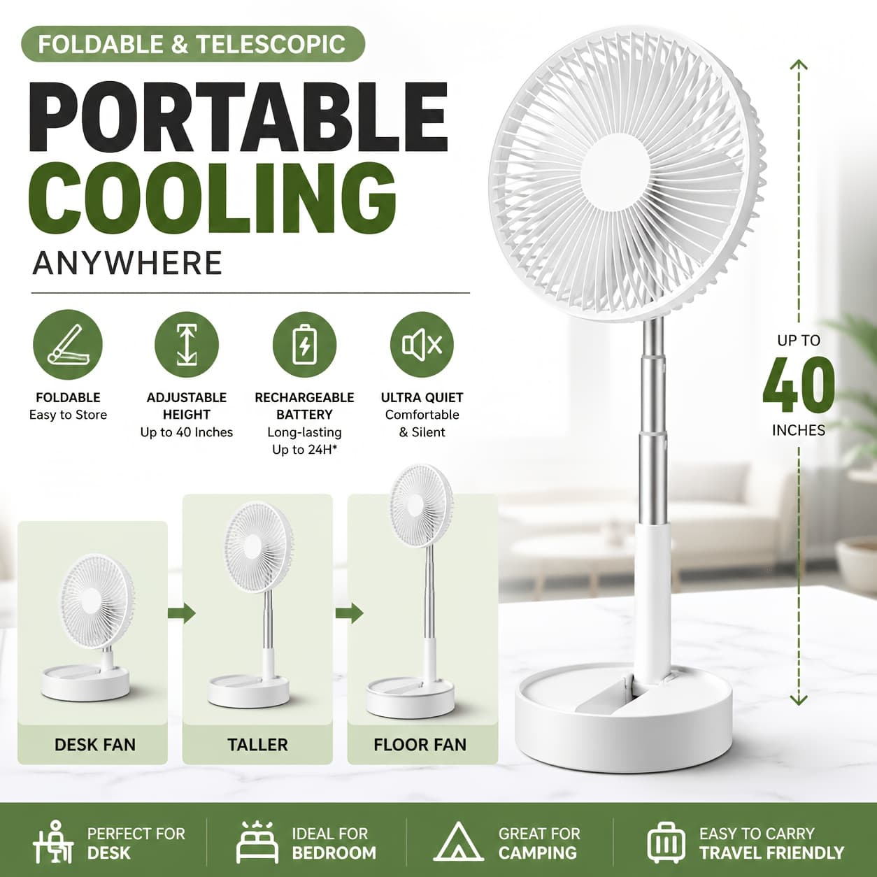 TEMU Foldable Rechargeable Telescopic Fan, Adjustable Height Portable Desk Fan, Quiet Cooling For Home Camping