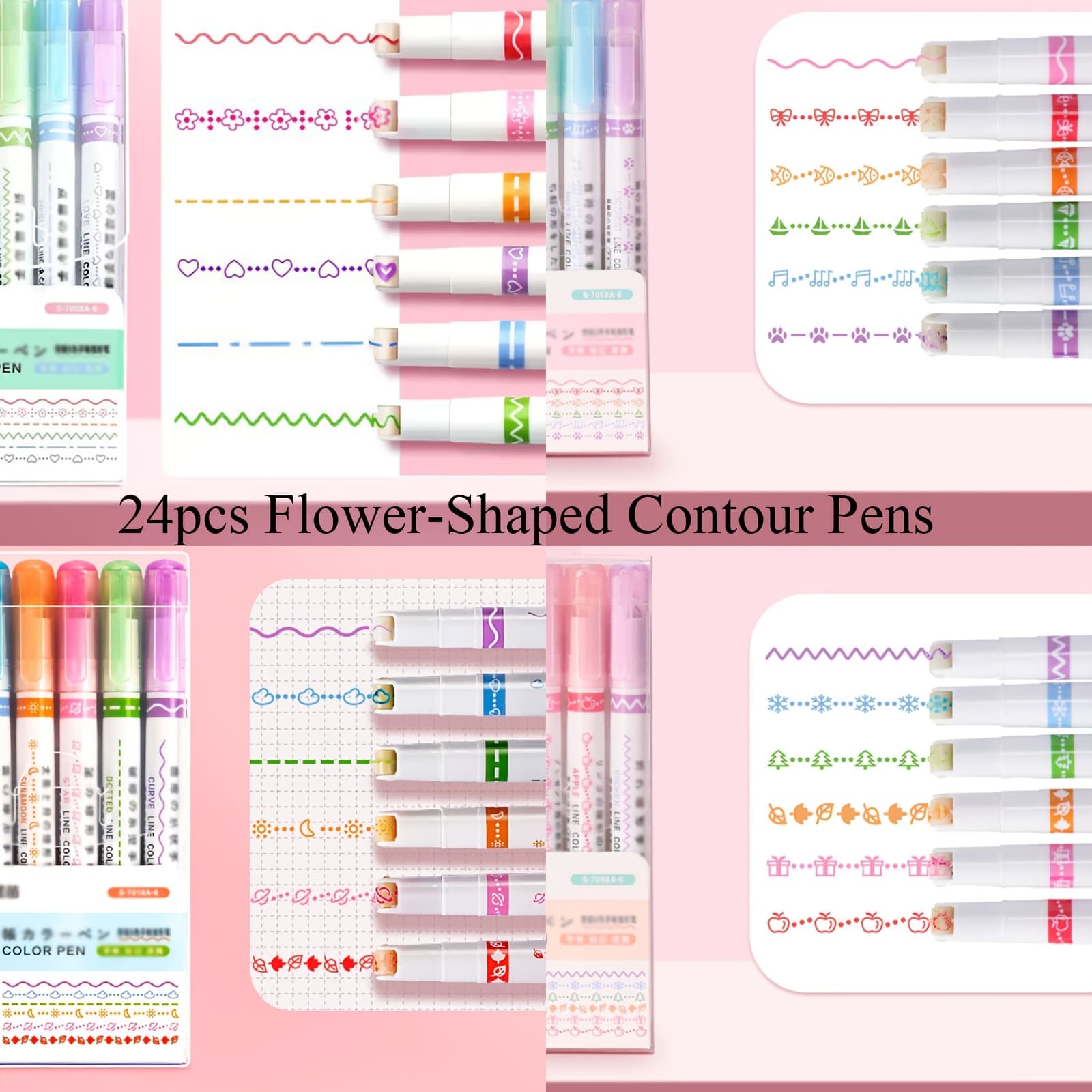 TEMU 24/32pcs Flower-shaped Contour Pens With & Curve Shapes - Ergonomic, Lightweight, Design - Perfect For Note-taking, Marking, Coloring & Everyday Writing