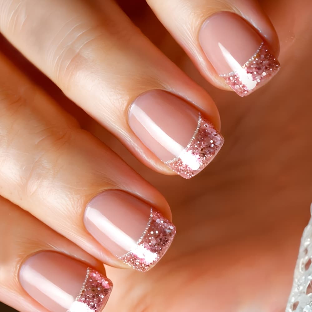 TEMU 24pcs Glossy Short Square Fake Nails Pink And On Nails French Style With Glitter Reusable Fake Nails For Women And