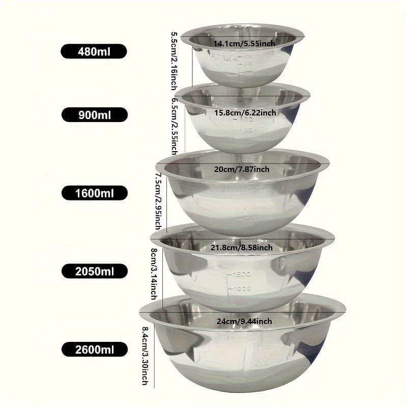 TEMU 5pcs Stainless Steel Mixing Bowl Set With Lid - Rust-resistant, Thickened And Durable, Perfect For Salads And Baking