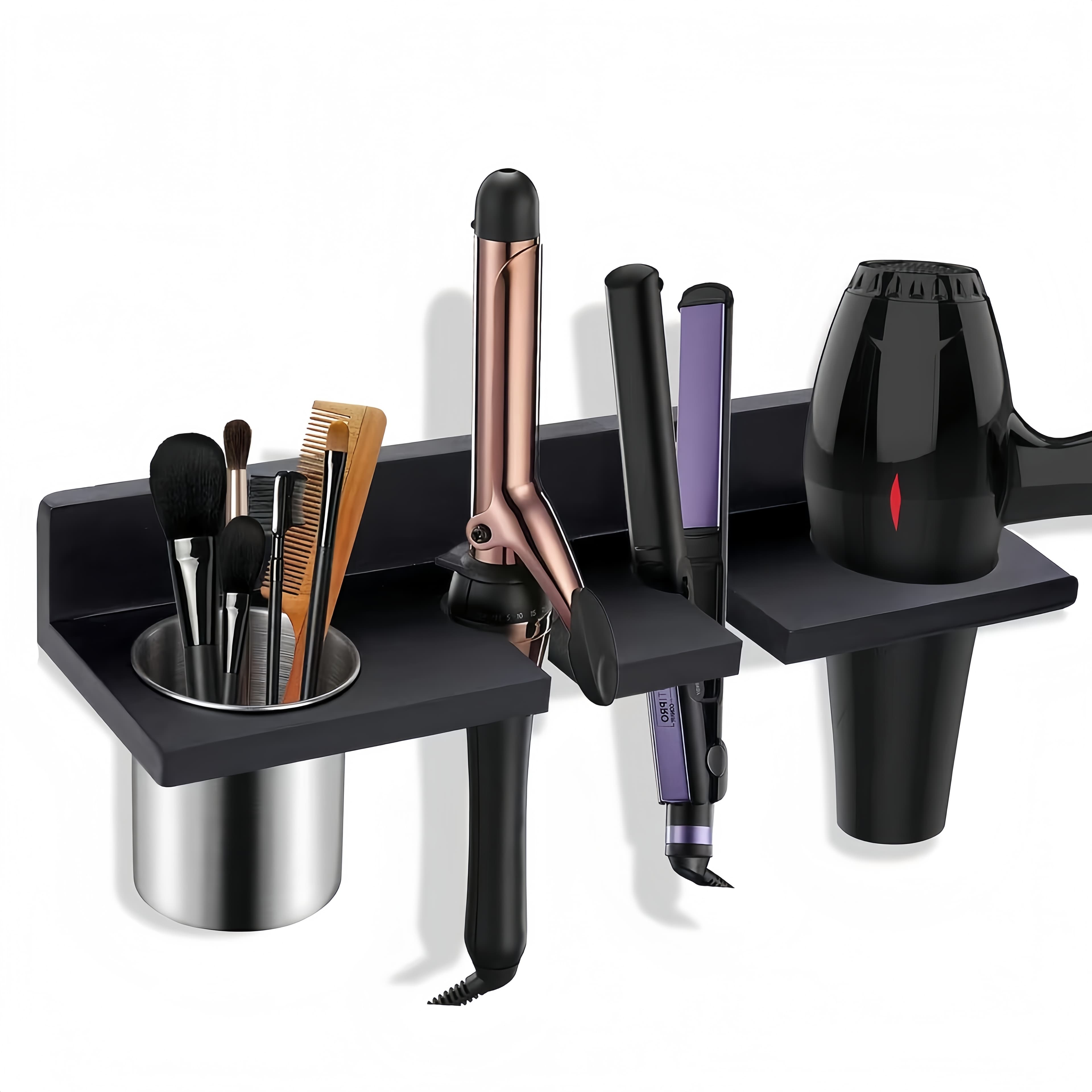 TEMU Wall Mounted Wooden Hair Tool Organizer, Multi-functional Storage Rack For Hair Dryer, Curling Iron, Hair Straightener, Brushes, For Bathroom Salon Home Use, Rustic Stylish , Shelves