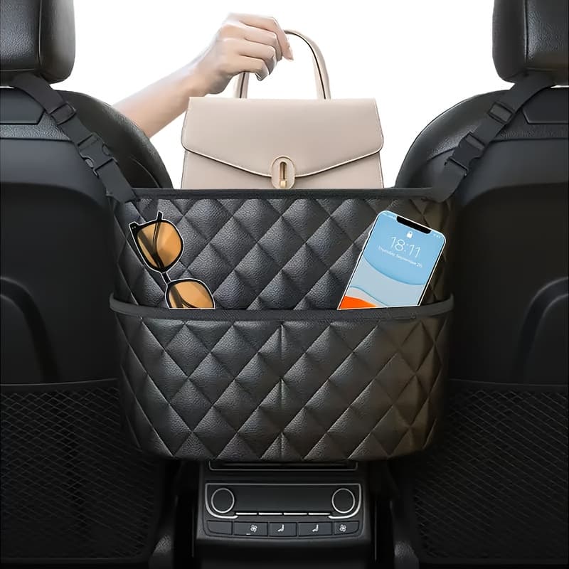 TEMU Handbag Holder Between Seats, Pu Leather Car Seat Back Storage Box With 3 Pockets, Large Capacity Storage Bag