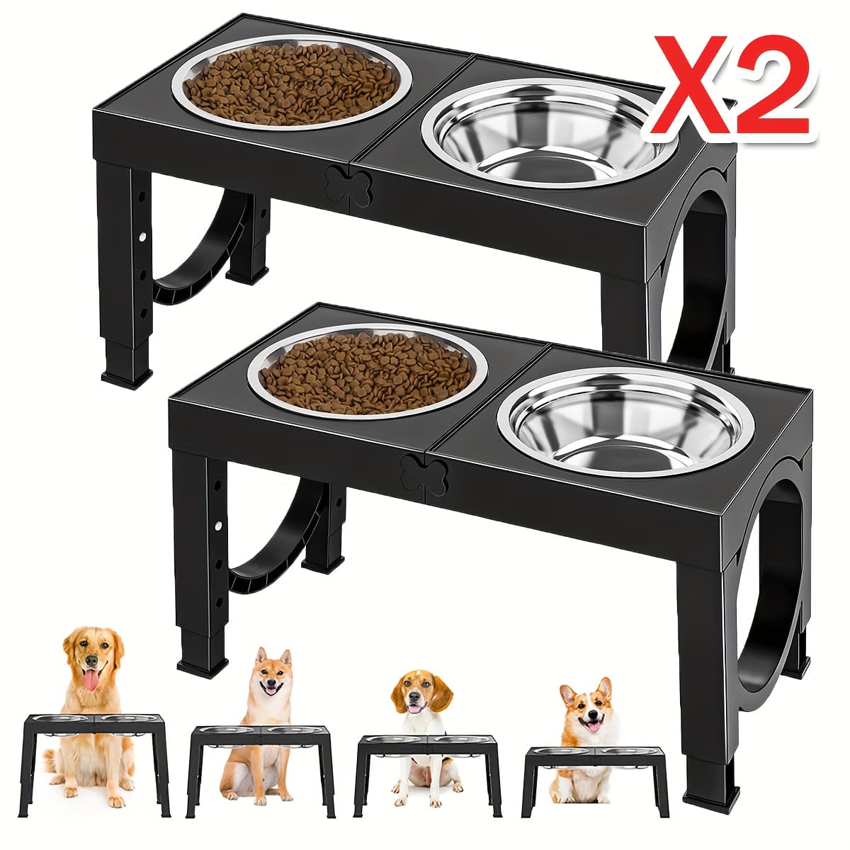 TEMU 2 Set Elevated Dog Bowls With 4 Stainless Water Food Bowls, Raised Dog Bowl Stands For Large Medium Sized Dog, Adjustable /11/12/14in, Black