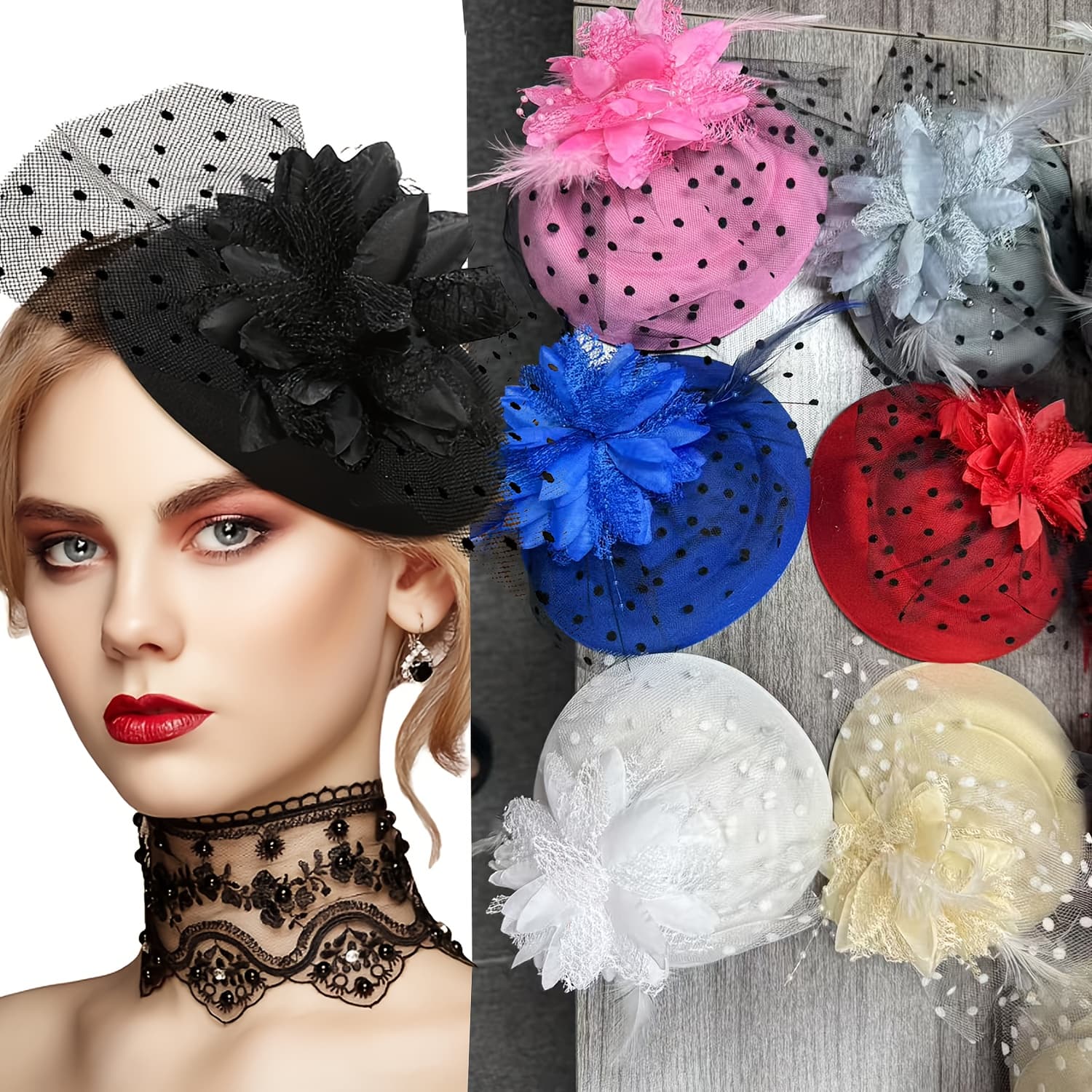 TEMU Set Of 6 Fascinator Hats For , Featuring Feather Pillbox Design With Clips, Ideal For Women, Includes Veil And Flower, Suitable For Weddings, Churches, And Tea , In 12 Colors