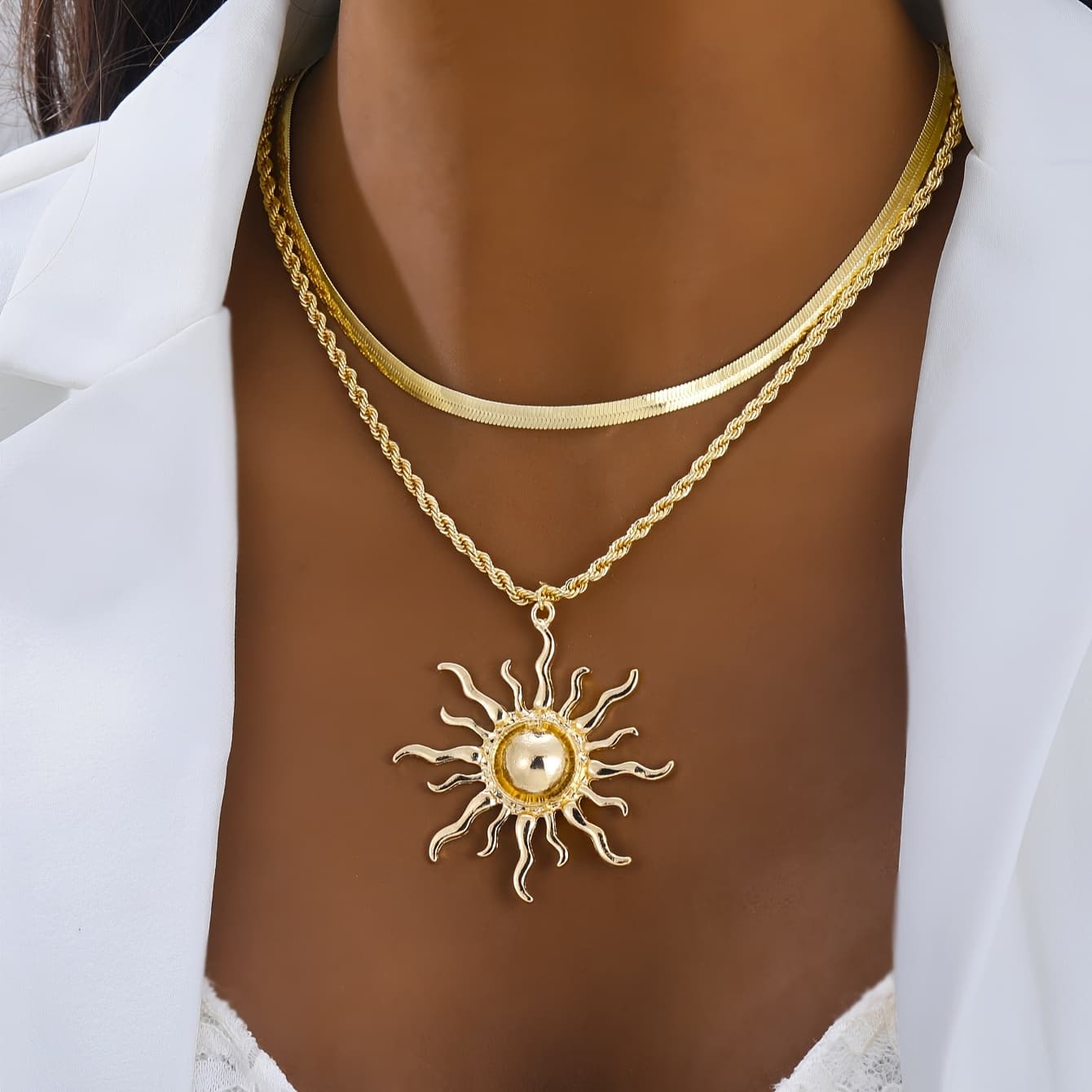TEMU [double Layer Snake Bone Pendant] Elegant Bone Chain Pendant Necklace, Golden, Bohemian Style Jewelry For Casual Attire Or Gift, Accessory