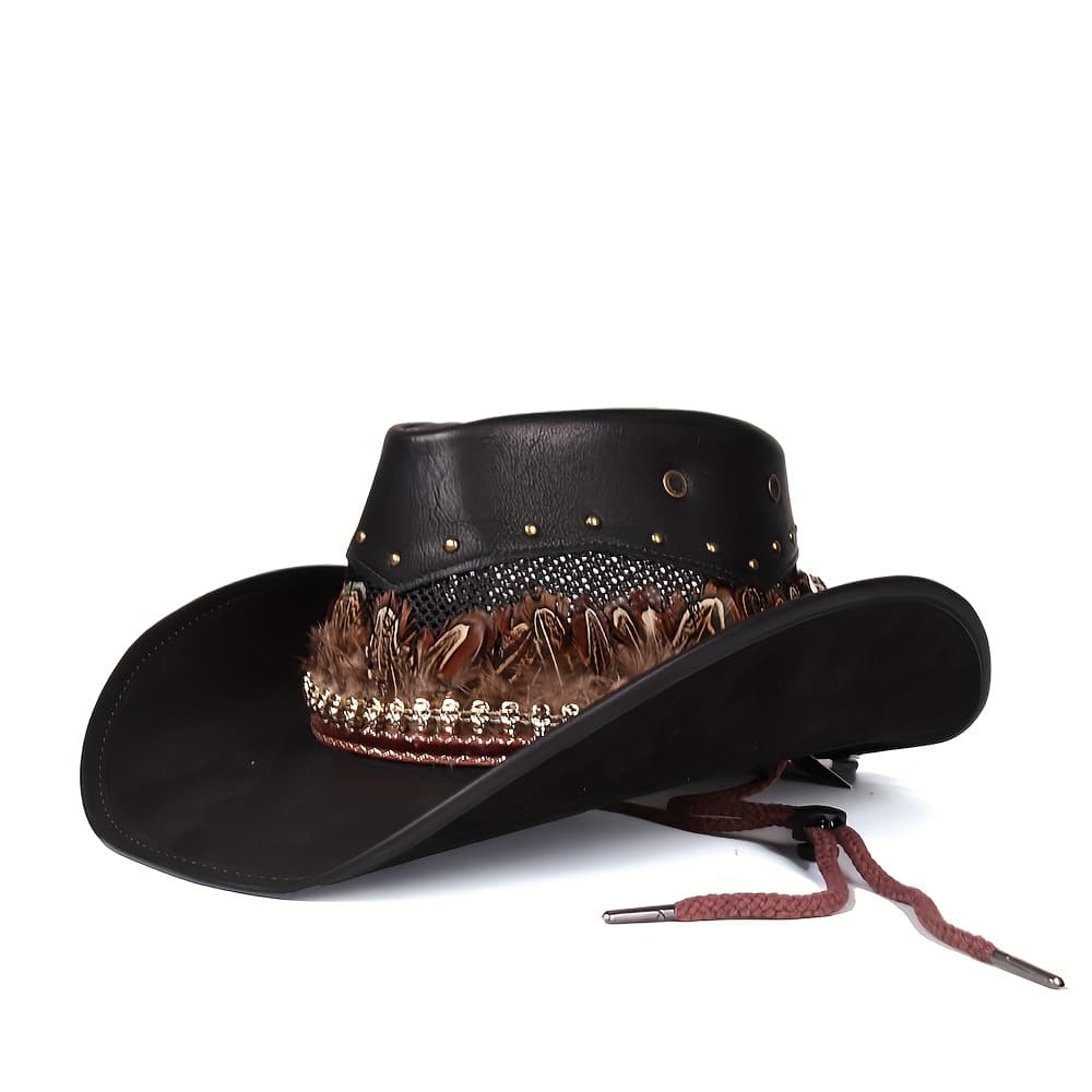 TEMU High Quality Pu Leather Feather Wide Brim Western Cowboy Hat, Riding Western Cowboy Hat, Skull Feather Hat For Men And Women, Valentine's Day Gift