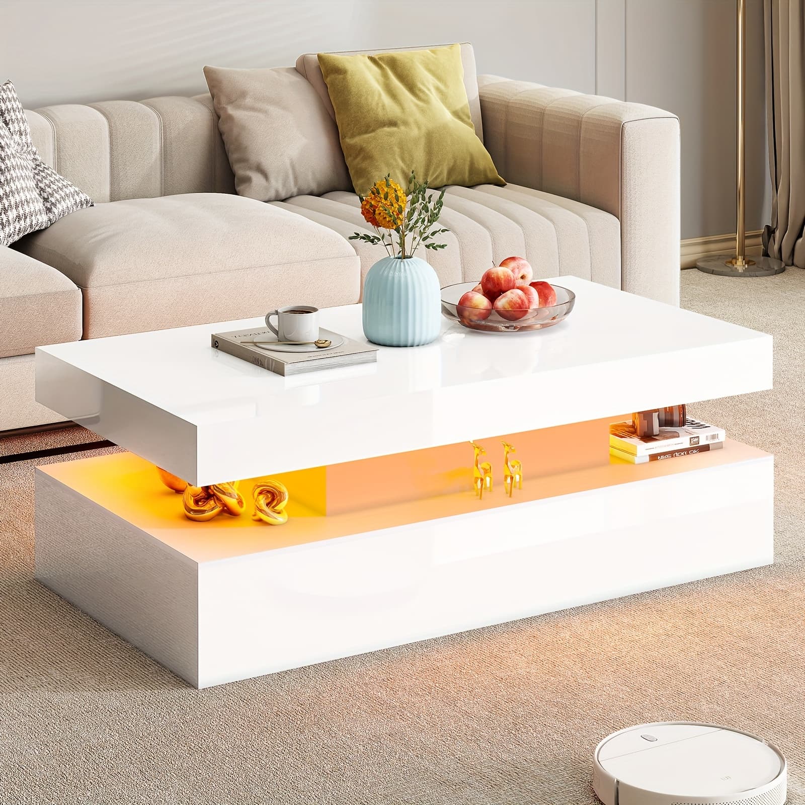 TEMU High Gloss Led Coffee Table, Modern 2-tier Center Table With Led Lights, Open Storage Space
