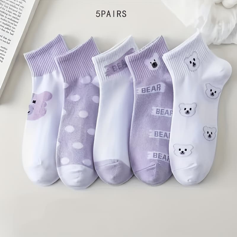 TEMU 5-pair Cute Teddy Bear Purple Socks, Comfortable Breathable Women's Short Socks