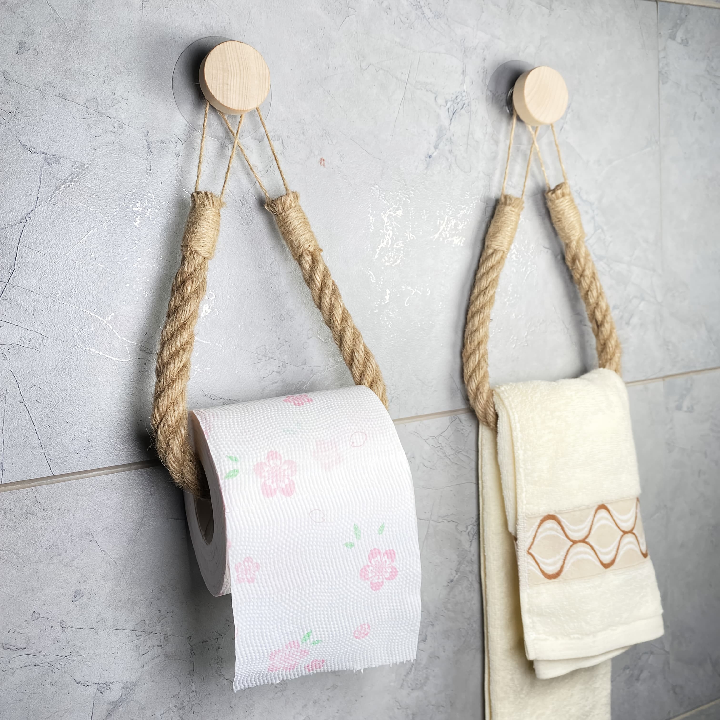 TEMU 1/2pc1 Hand-woven Jute Rope Tissue Holder, Solid Wood Rope Weave, Natural Wood Hook, Unscented Fabric Towel Storage Rack, Creative No-drill Wall-mounted Design, For Home And Commercial Use