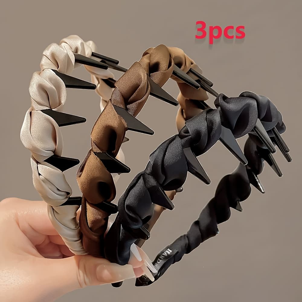 TEMU 3pcs Autumn/winter New Brown Series Fabric Headbands, Women's Vintage Elegant Satin Fabric Tooth-grip Non-slip Headbands, Hair Organizer, Face Washing Headband, Suitable For Daily Casual Wear
