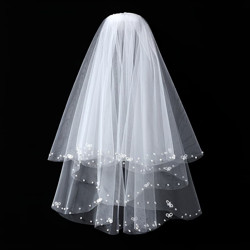 TEMU Elegant White Bridal Veil With Beaded - Off-shoulder Short Length - Church Veil, Decorative Accessory For Wedding Wear