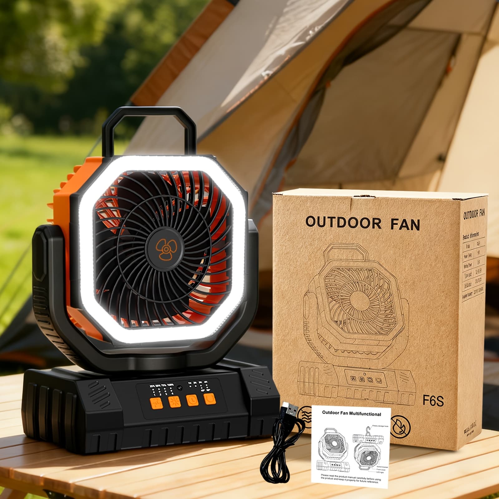 TEMU 3-in-1 Indoor Outdoor Camping Fan Light Power Bank 20000mah, 4-speed Wind Led Dimming, Multi-angle Rotation, Long- For Hiking Tent Office