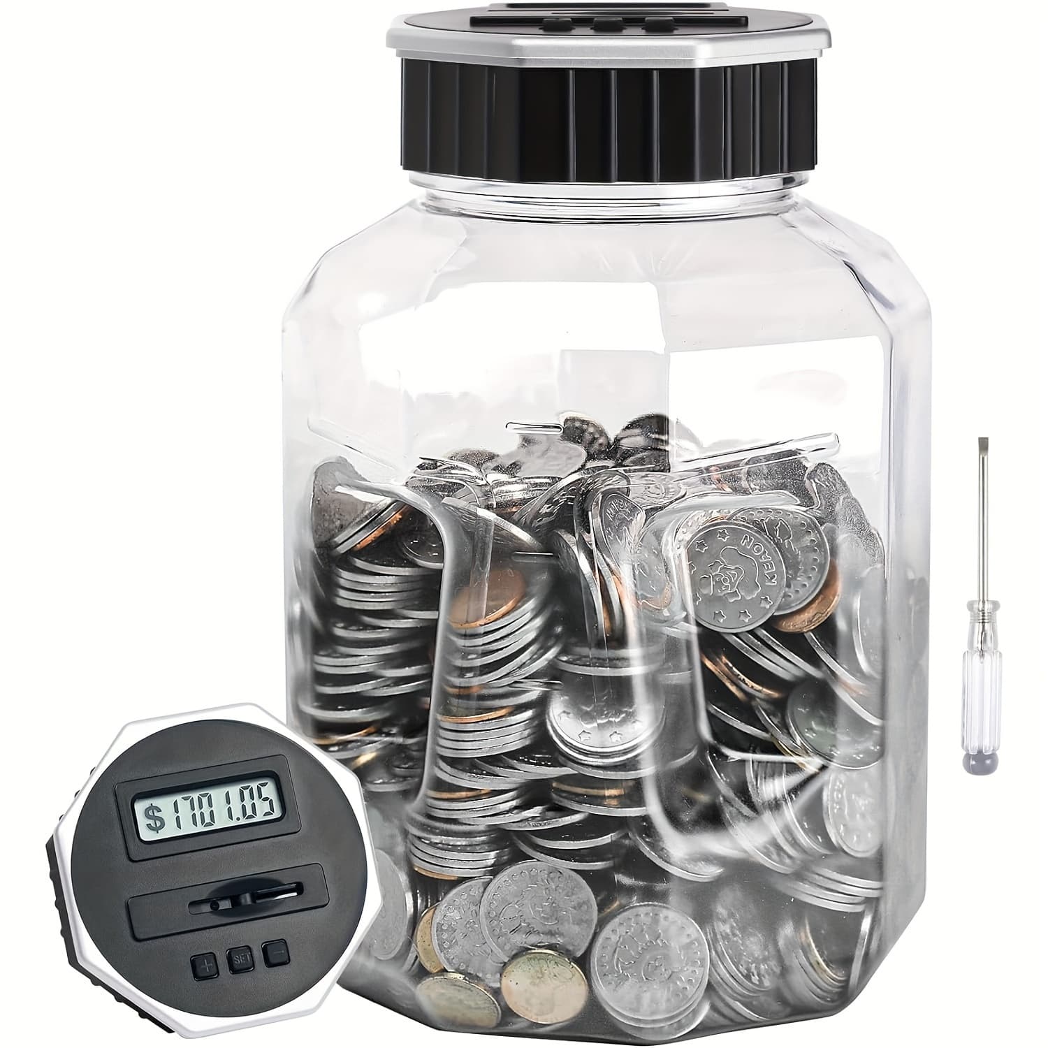 TEMU Extra-large Adult Piggy Bank | Digital Coin Counting Jar With Lcd Counter, 2.4-liter Capacity, Displays Total Amount, Transparent Acrylic, Silvery