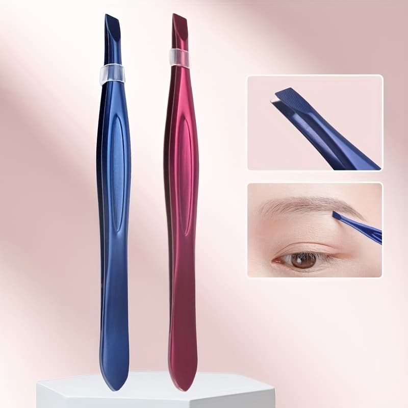 TEMU J·focus 2pcs Multifunctional Makeup Tweezers Set, Slant Tip Stainless Steel Tweezers, Non-slip Grip For Eyebrow Plucking & Lash Application, Tools For Home & Travel