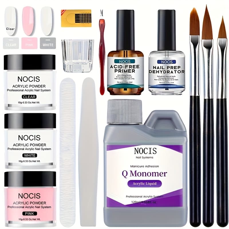 TEMU Acrylic Nail Kit For Beginners: White Pink Clear Acrylic Powder And Liquid Set With Ema Acrylic Liquid Monomer Nail Brush Forms Tools And Cuticle Essentials Oil For Nails Home Manicure Diy.