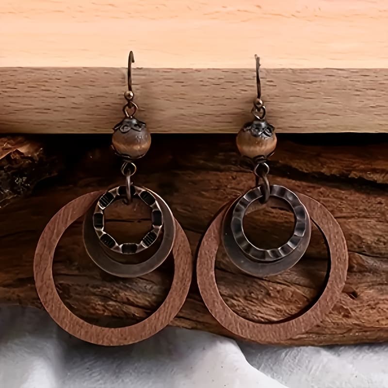 TEMU 2pcs Brown Recycled Wood Design Women's Fashion Drop Earrings In Bohemian Style, Suitable For Daily Wear Parties