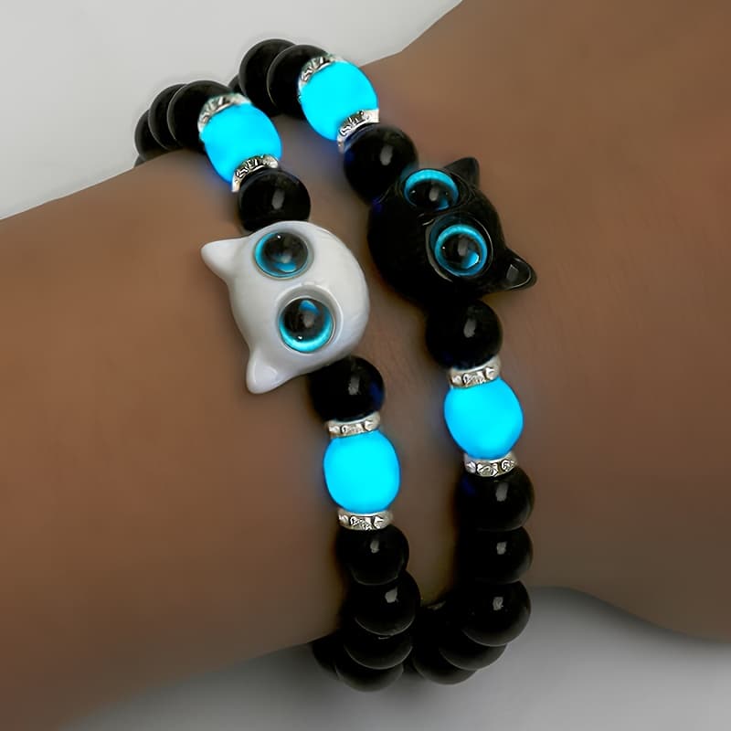 TEMU Set Of 2 Luminous Cat Beaded Bracelets, Adorable Vintage -the-dark Adjustable Jewelry For Couples Or , Elastic Charm Wristbands Featuring Cat Designs, Perfect For Halloween Or Christmas Gifts