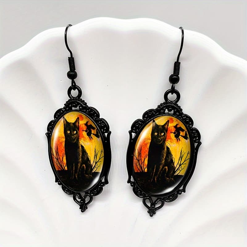 TEMU A Pair Of Black Lace Earrings Featuring A And A Witch, Perfect As A Gift For A Friend. For Halloween